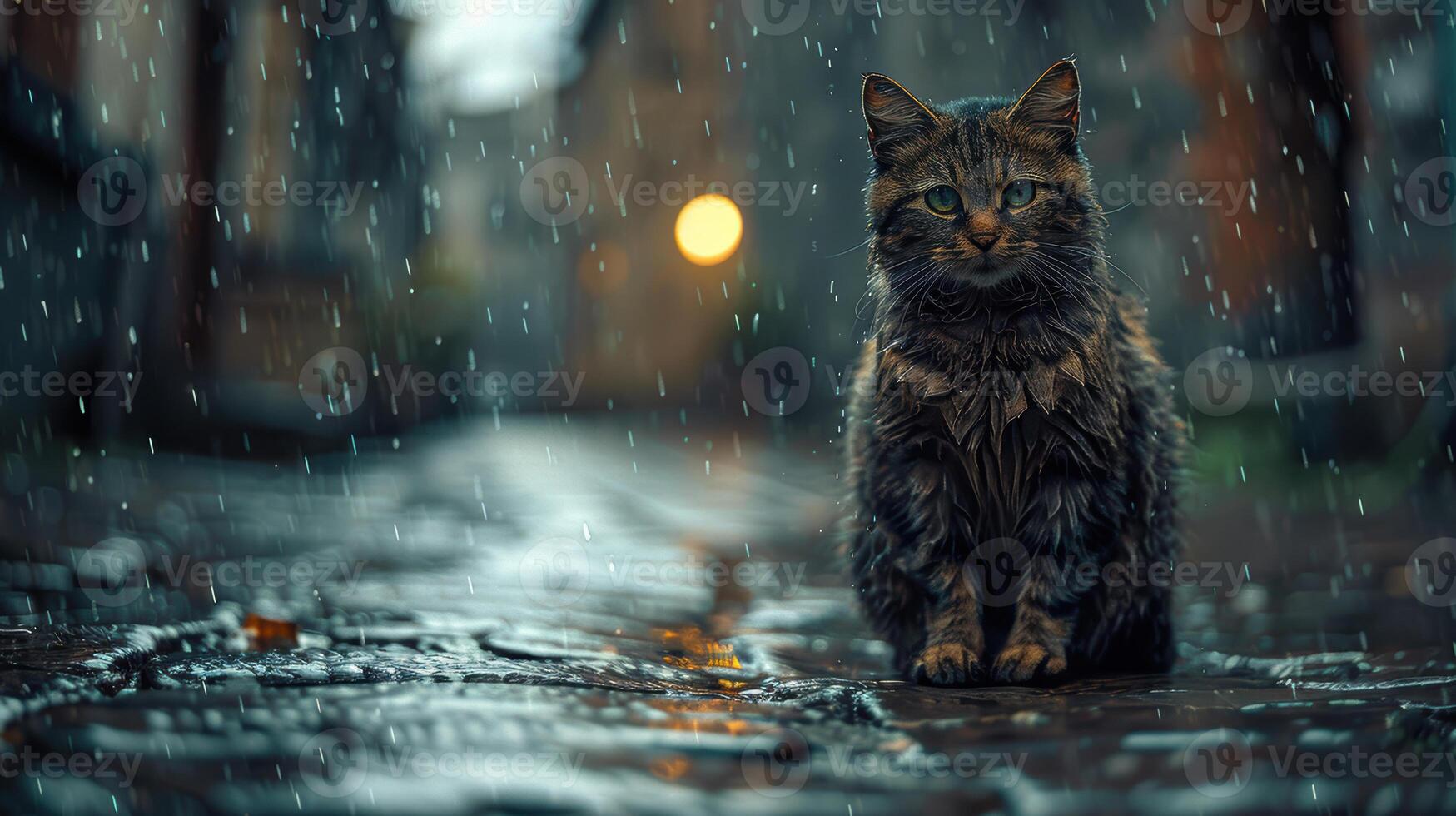 A cat sitting on the ground in the rain photo