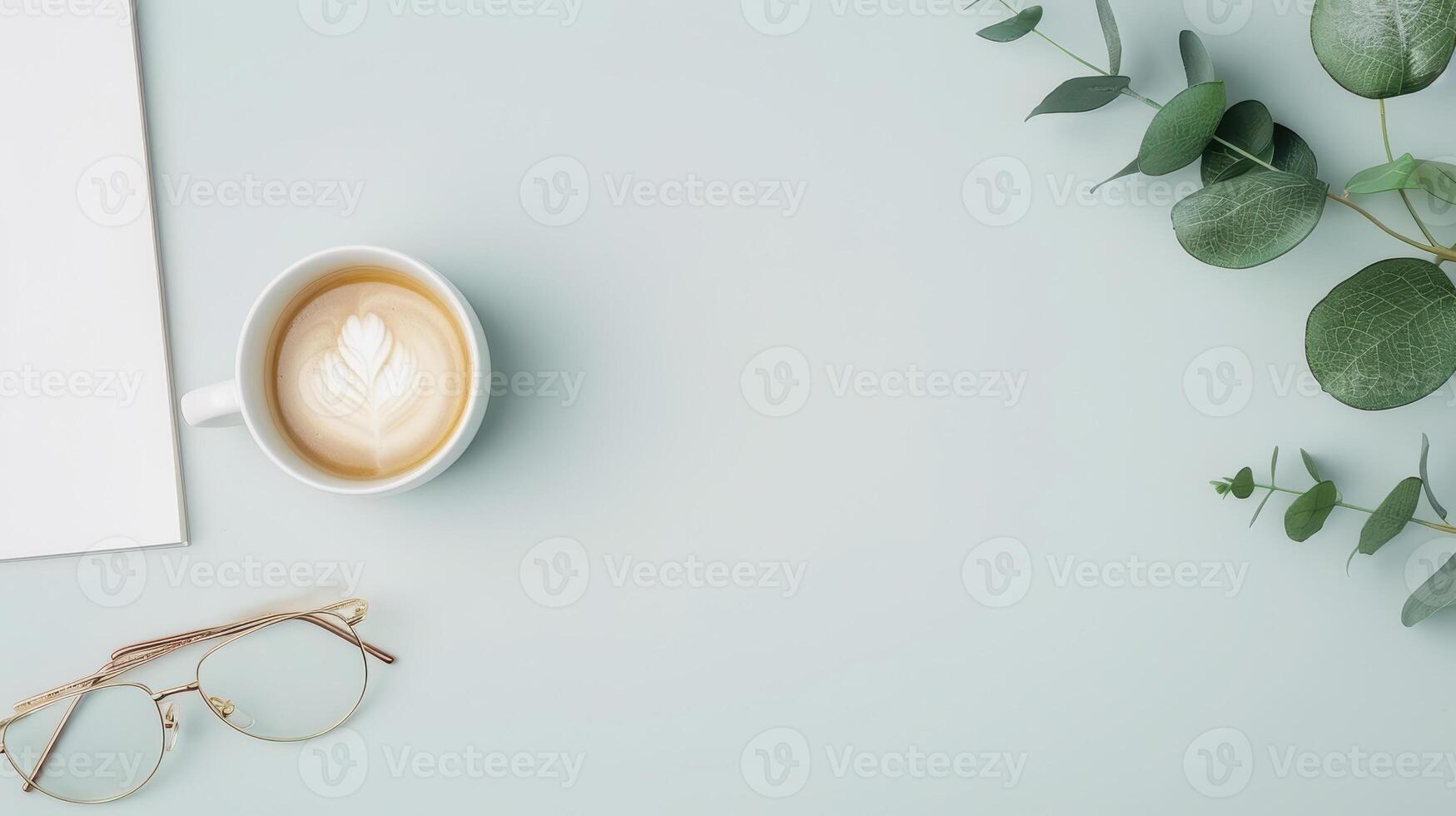 Top view of a cup of coffee, pen, glasses and eucalyptus leaves on photo