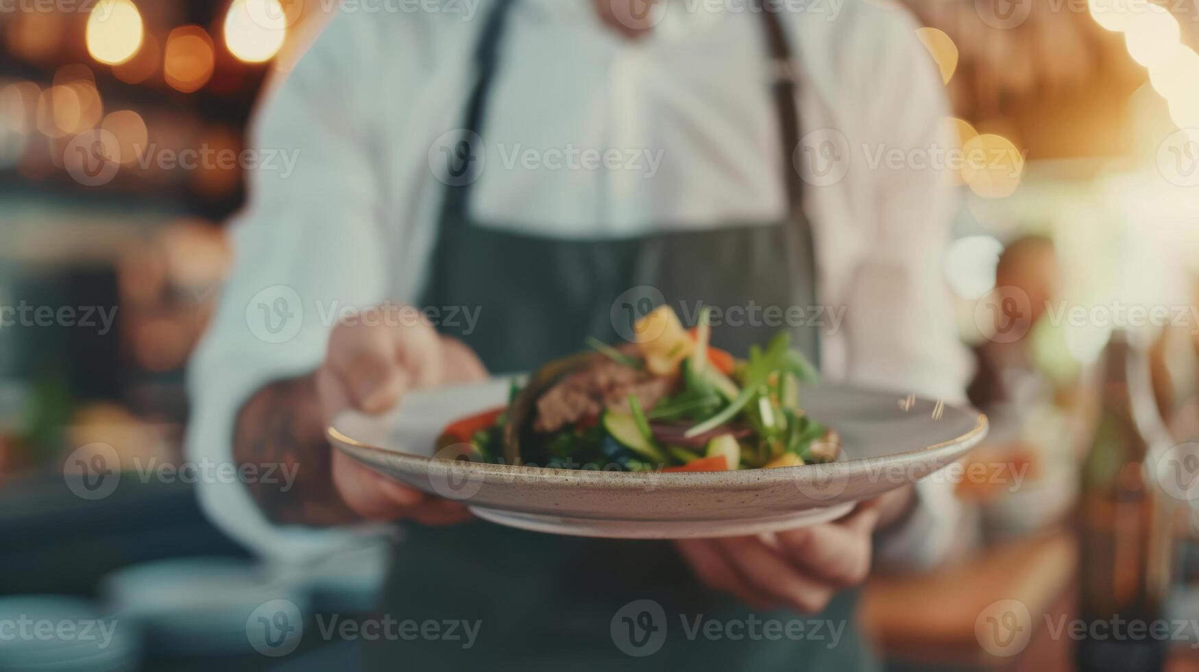 A waiter holding a plate with a salad on it photo