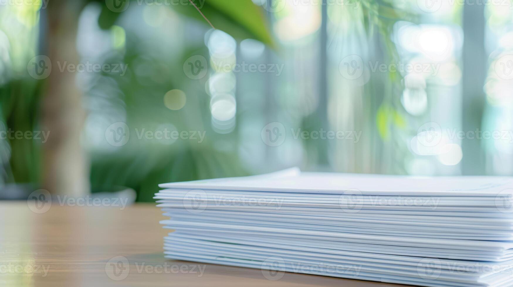 A stack of papers on a table in front of a window photo