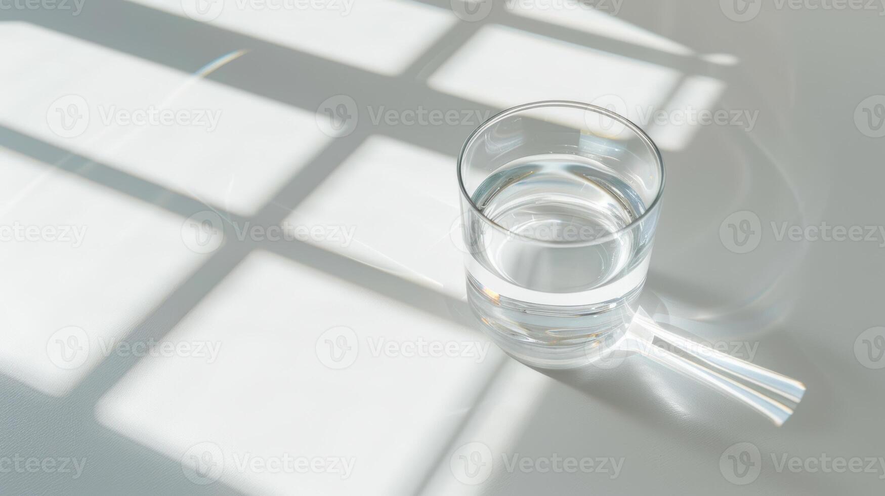 A glass of water on a table with a window photo