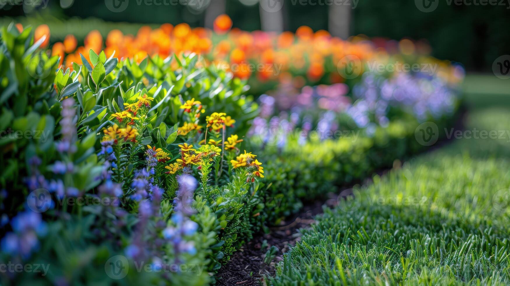 A row of colorful flowers in a garden photo