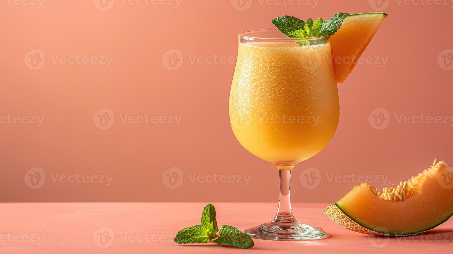 A glass of orange juice with a slice of melon photo