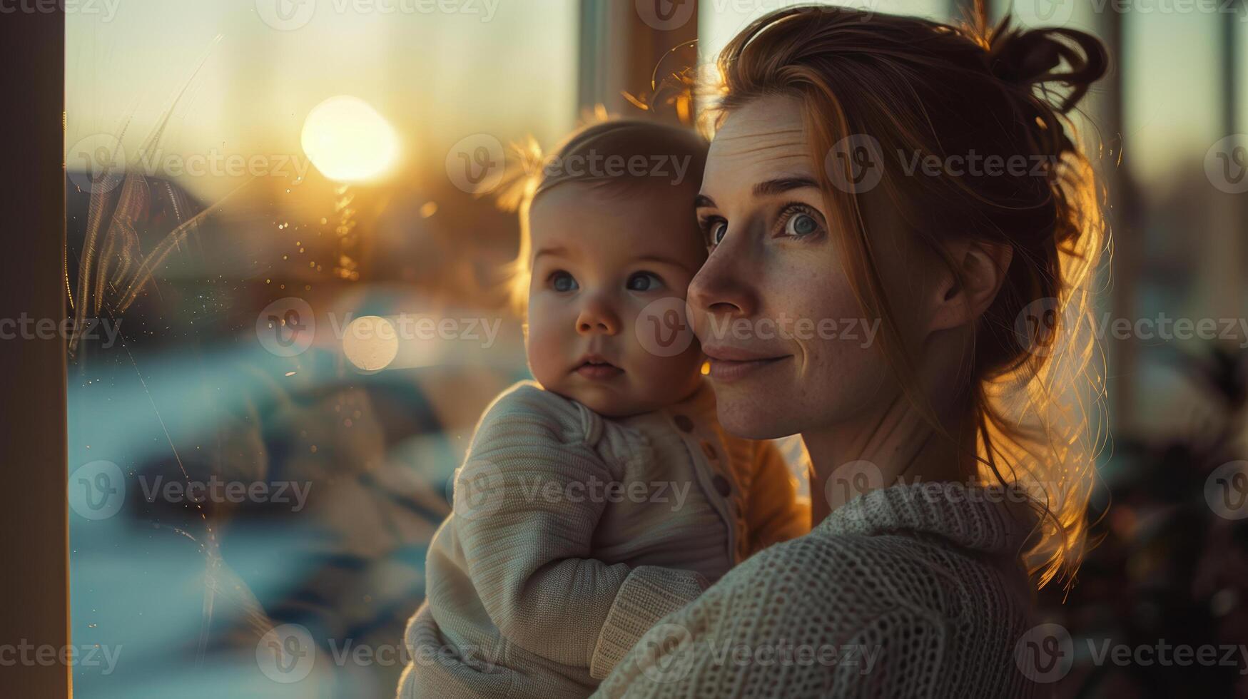 A woman holding a baby looks out the window at the sun photo