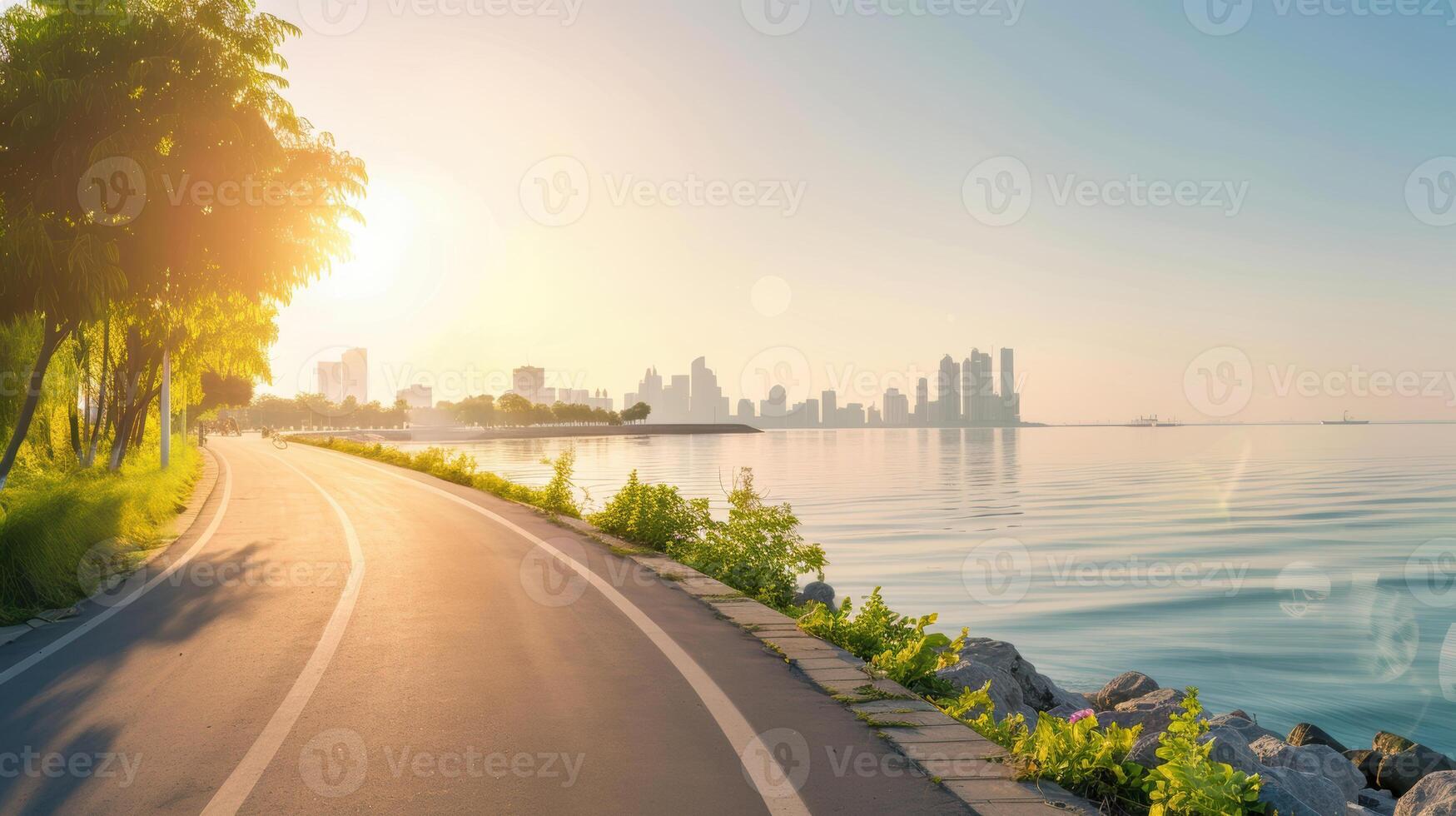 A road leading to the ocean with trees and a city skyline in the background photo