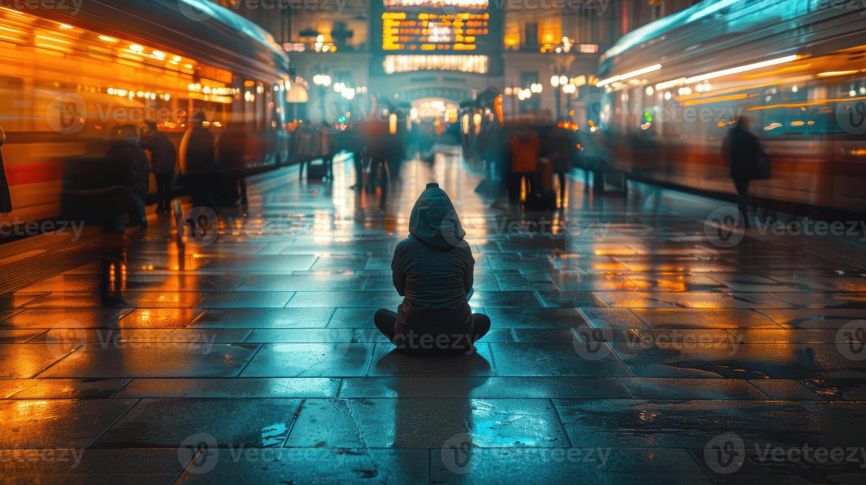 A person sitting on the ground in front of a train station photo