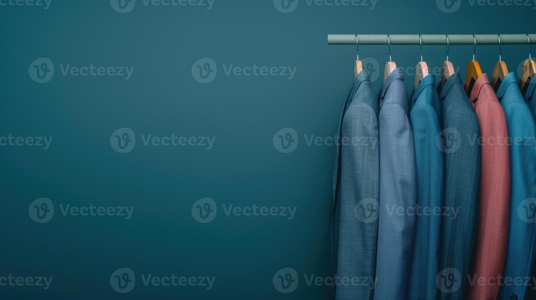 Colorful suits hanging on a hanger in front of a blue wall photo