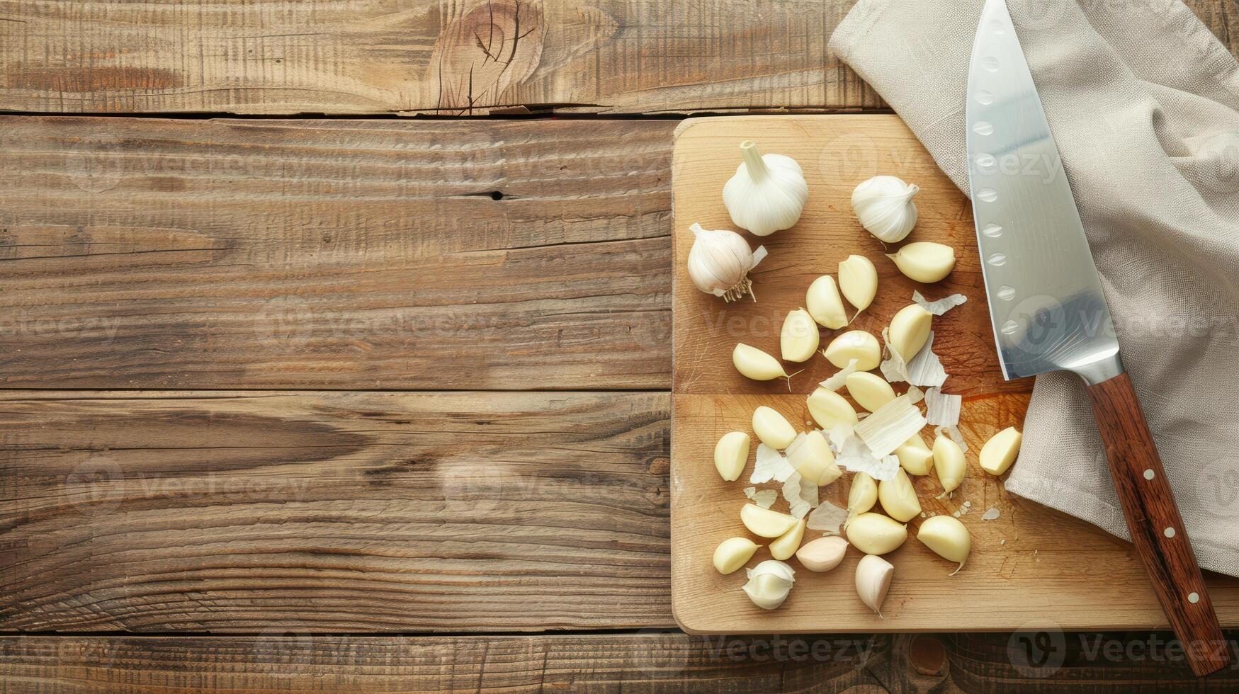 Garlic and knife on wooden cutting board photo