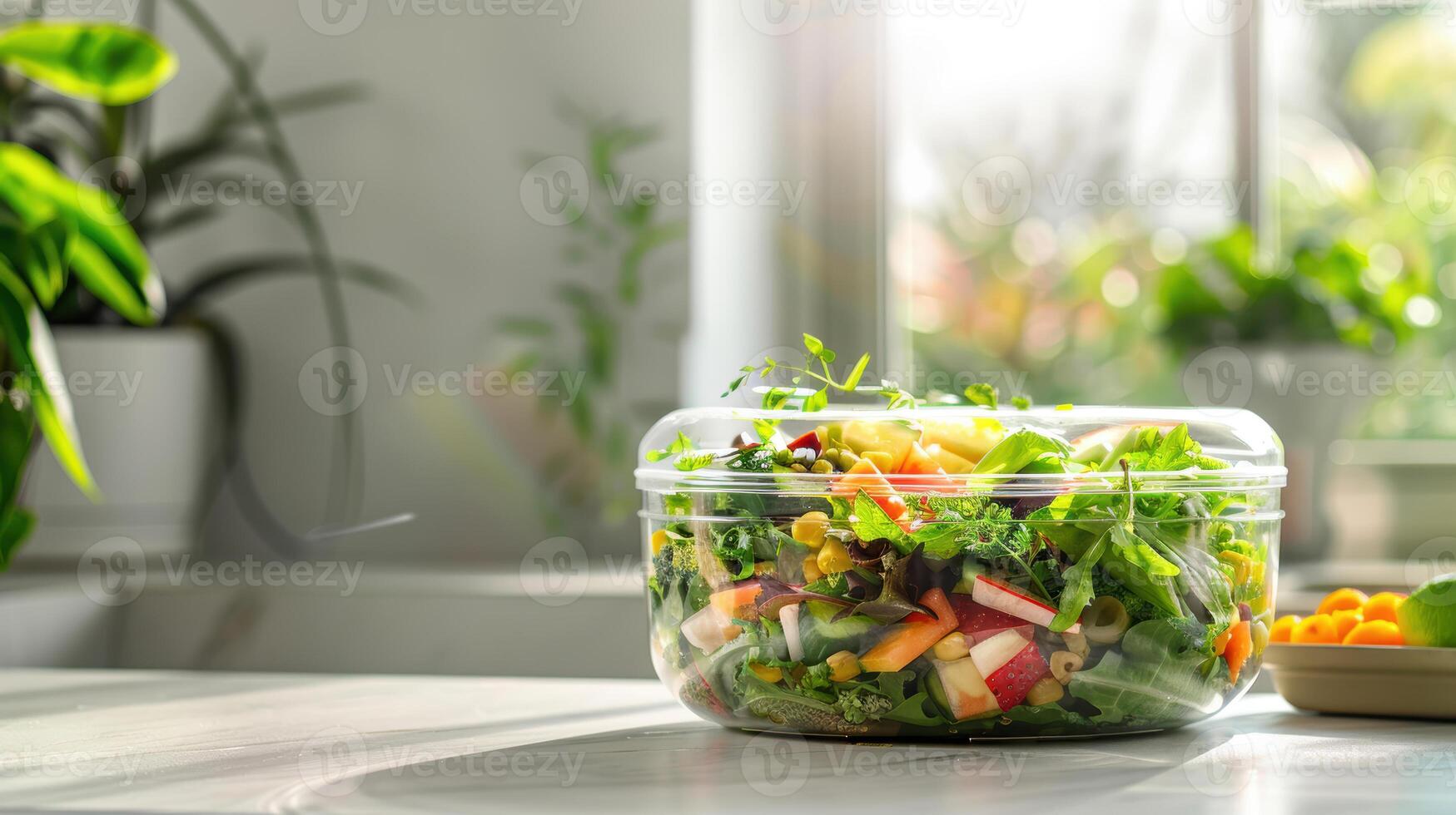 A salad in a glass container on a kitchen counter photo
