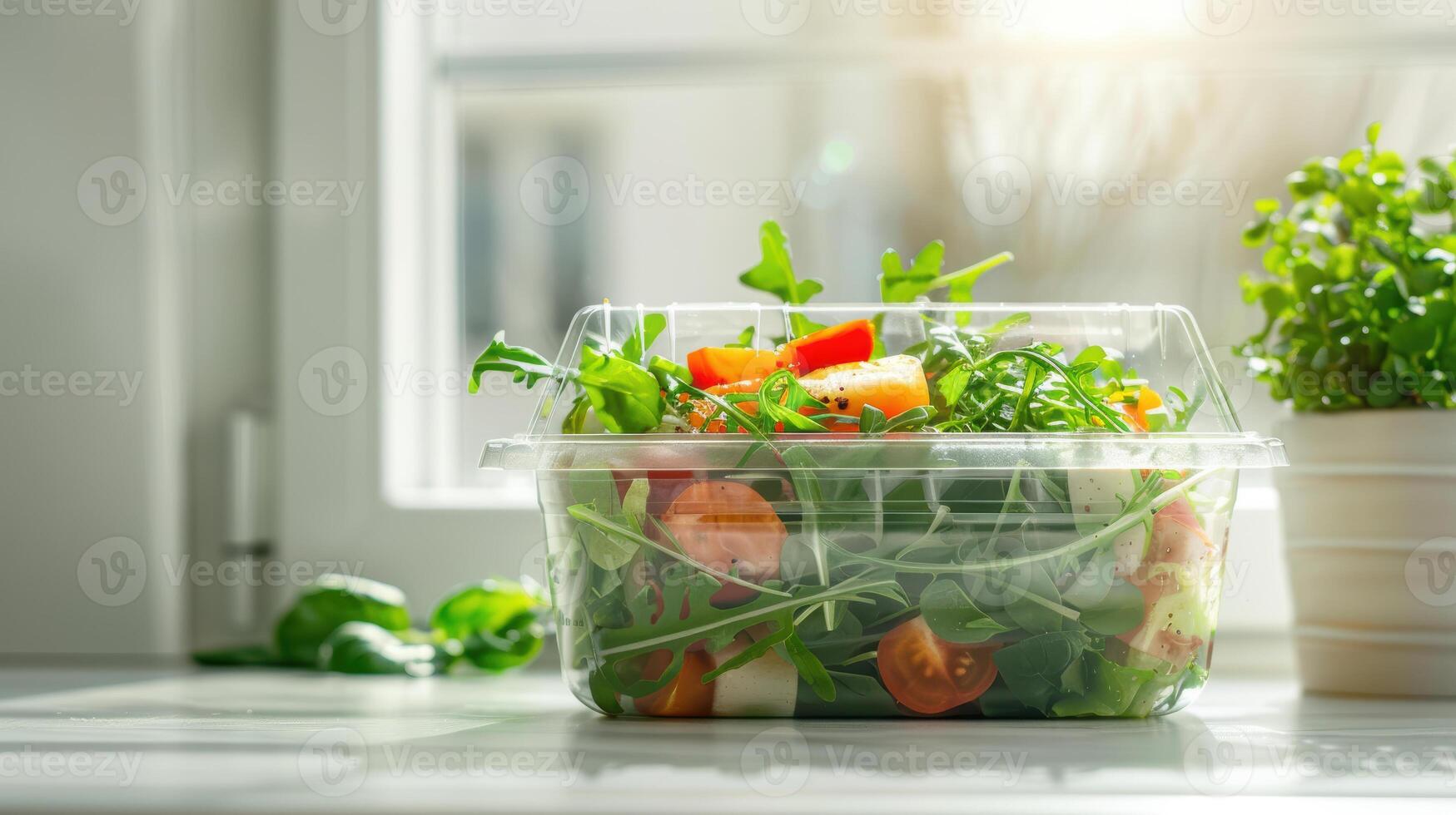 A plastic container with a salad in it photo