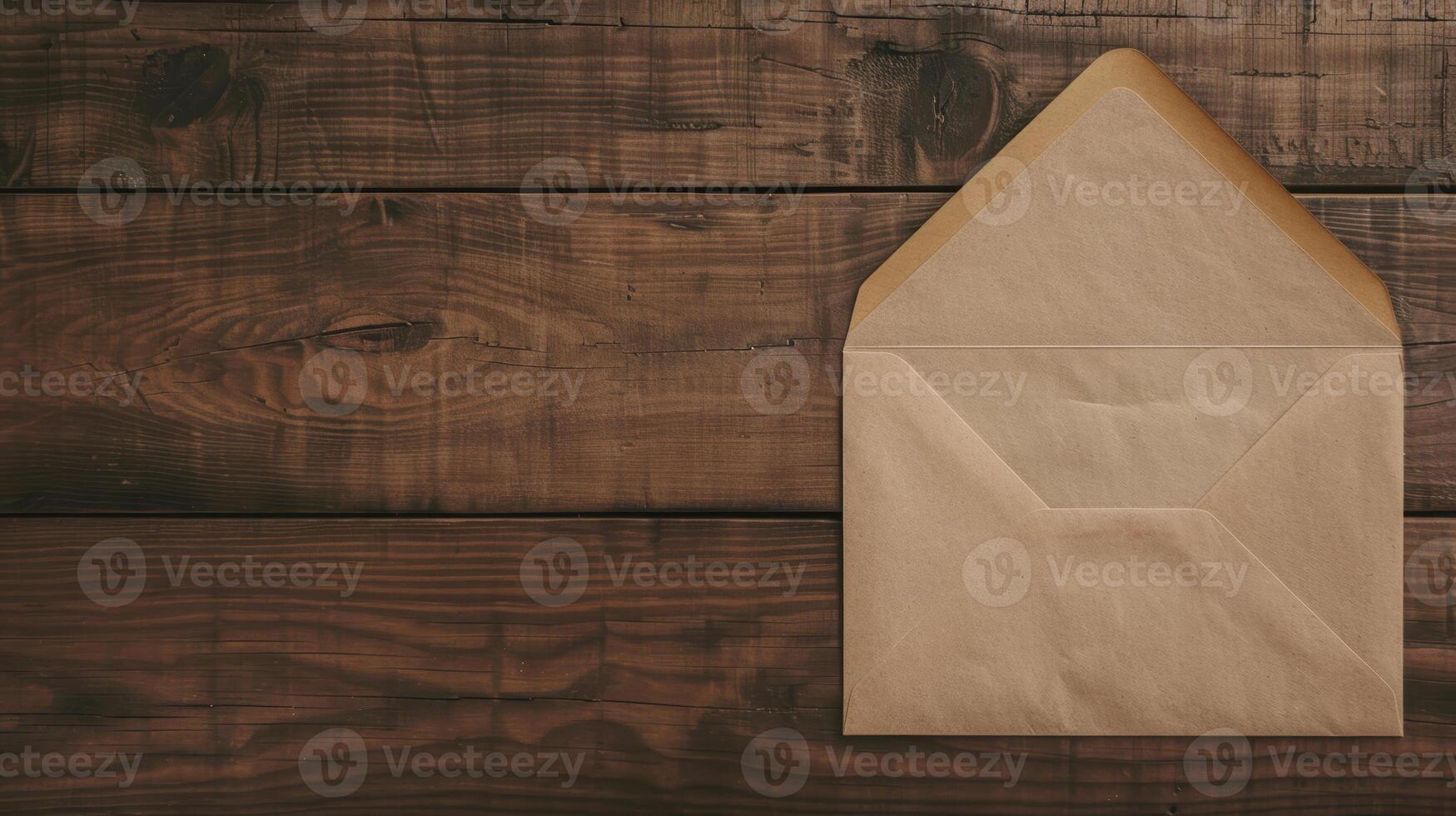 An envelope on a wooden table photo