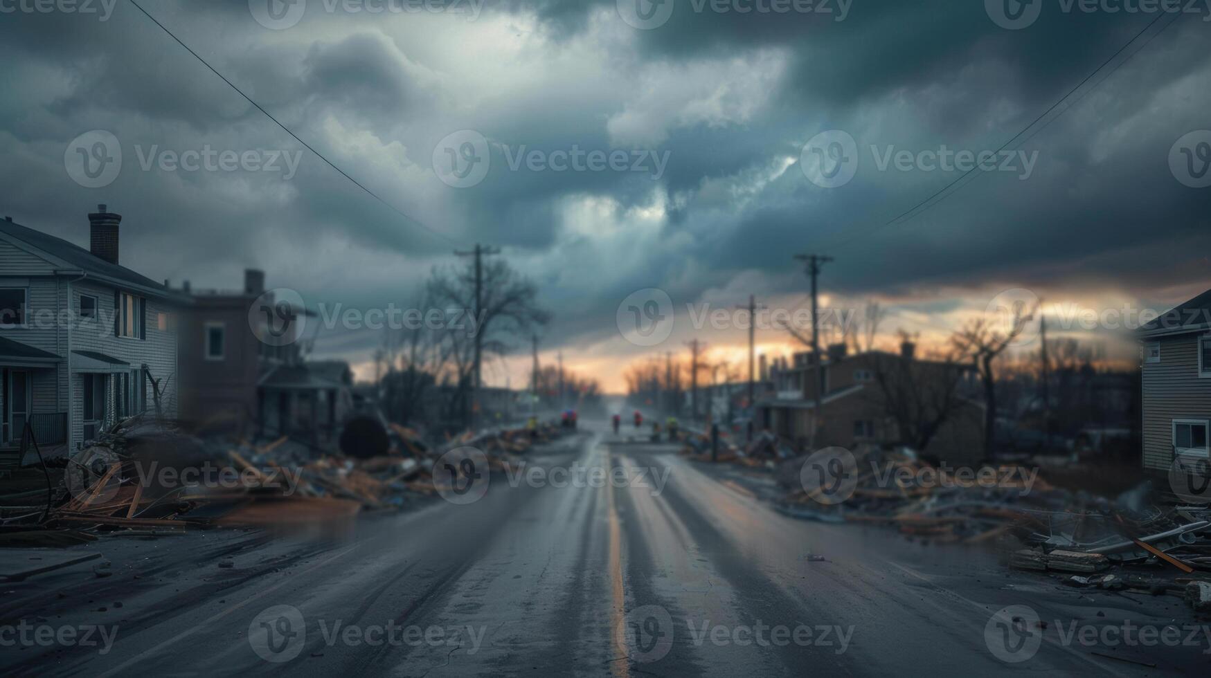 A street with debris and houses in the background photo