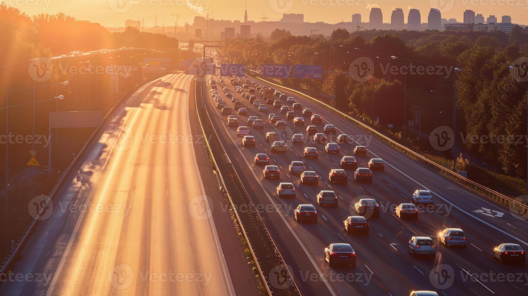 Cars driving on a highway at sunset photo