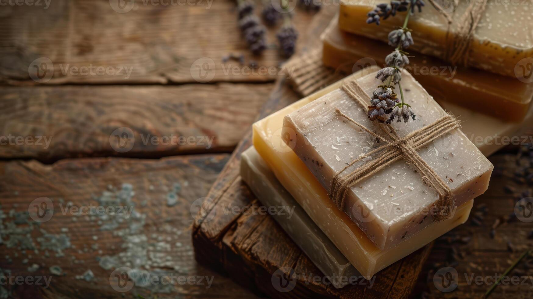 Soap bars with lavender flowers on wooden table photo
