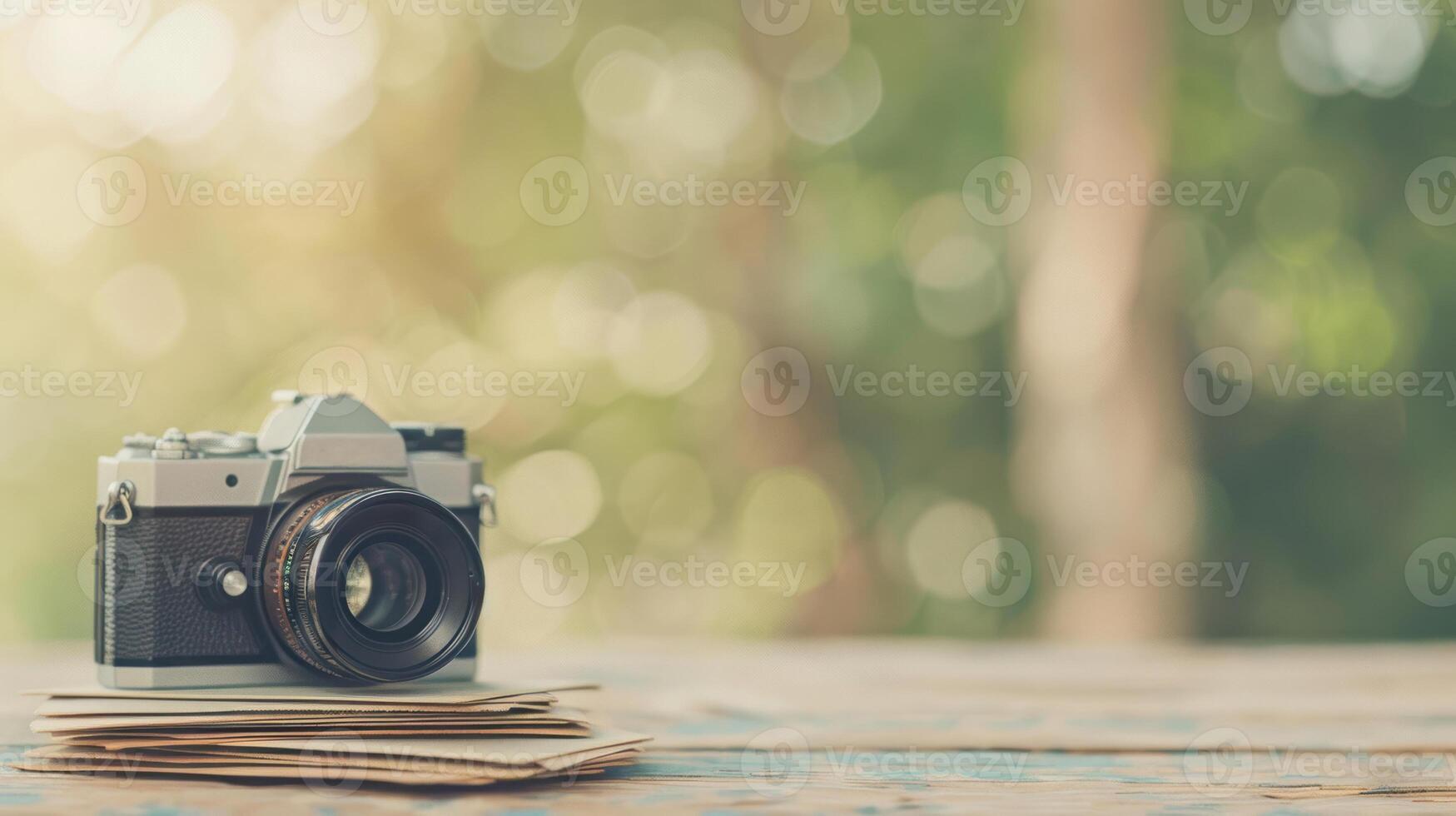 A camera is sitting on top of a stack of books photo