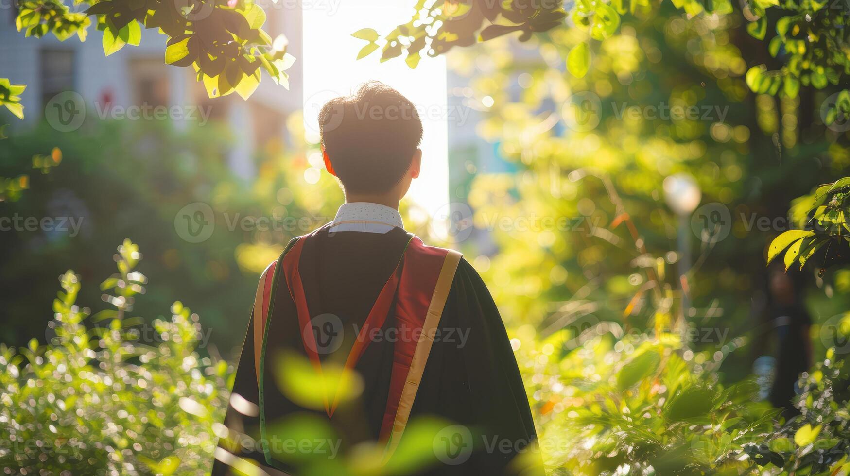 A graduate is standing in the middle of a park photo