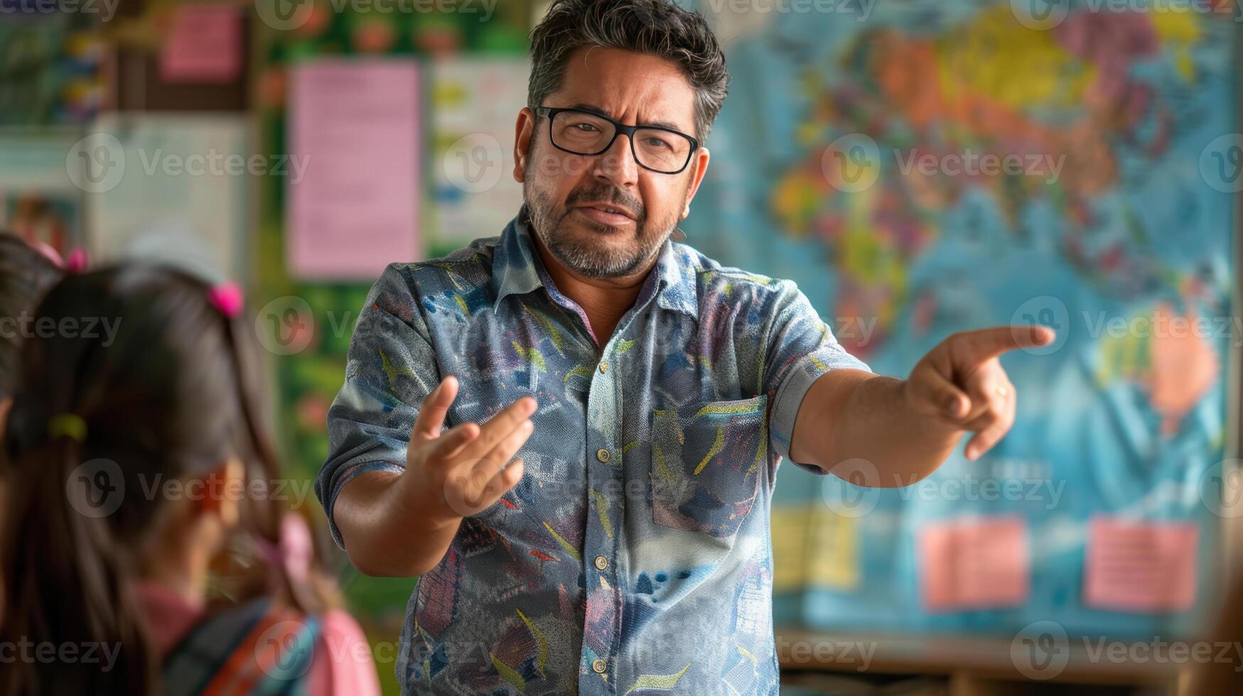 A man in glasses is pointing at a classroom photo