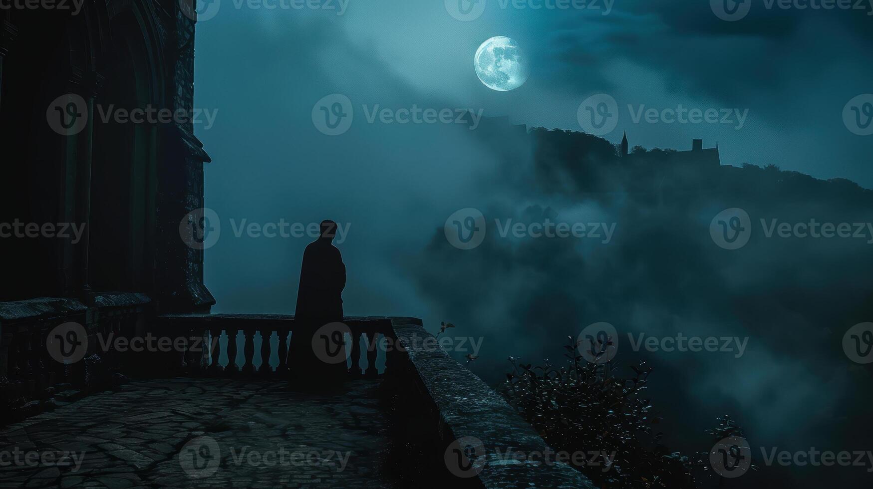 A man standing on a balcony looking at the moon photo