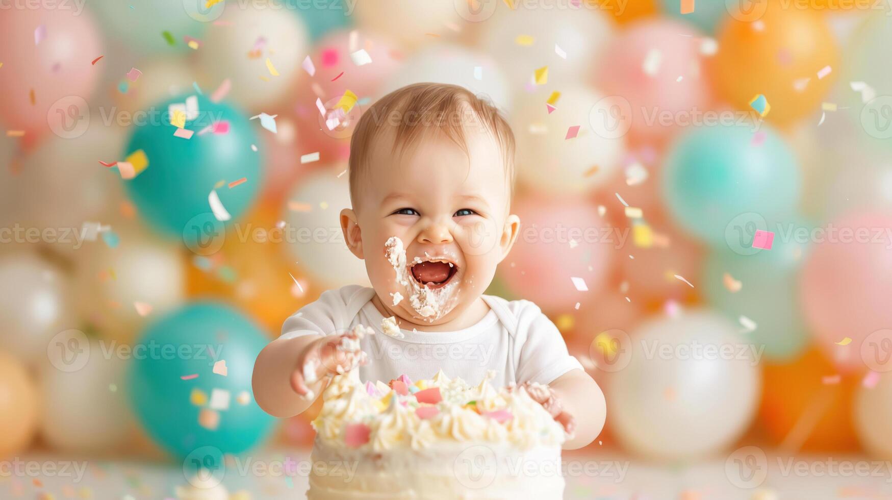 A baby is smiling while eating a cake photo
