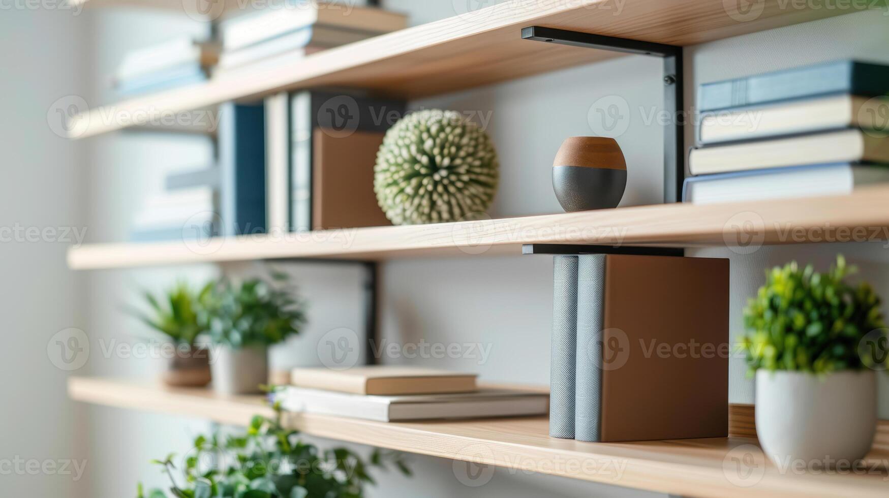 A shelf with books and plants on it photo