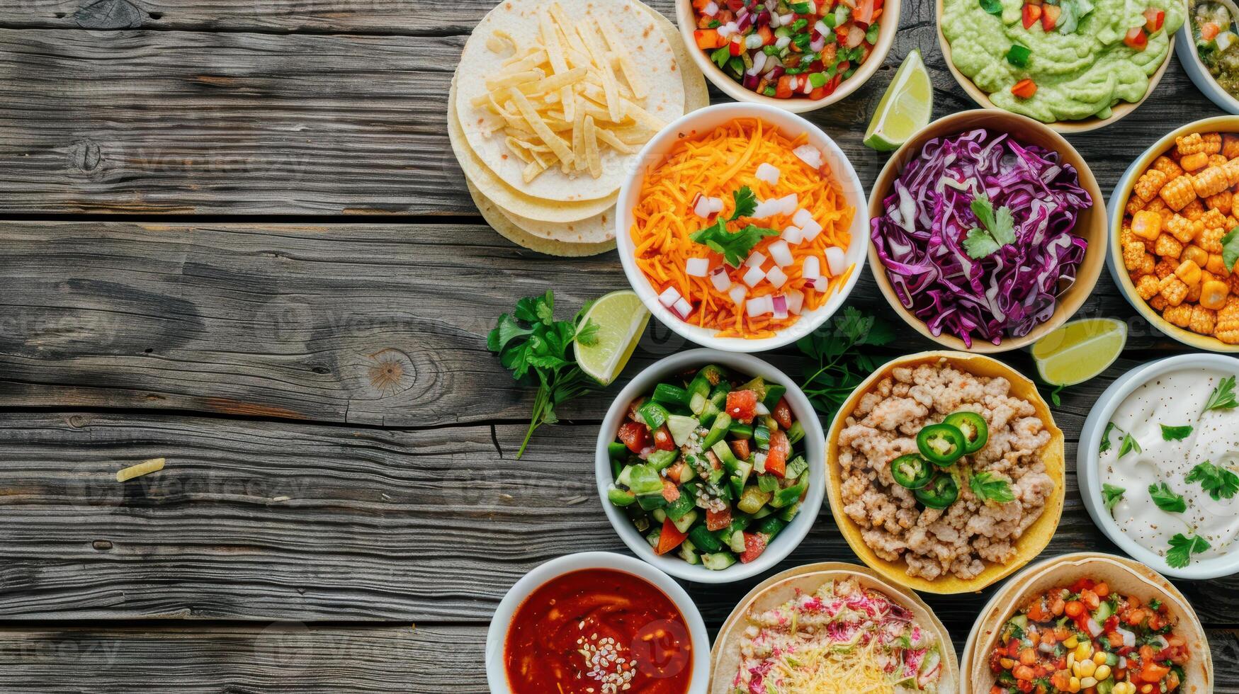 A variety of mexican food in bowls on a wooden table photo