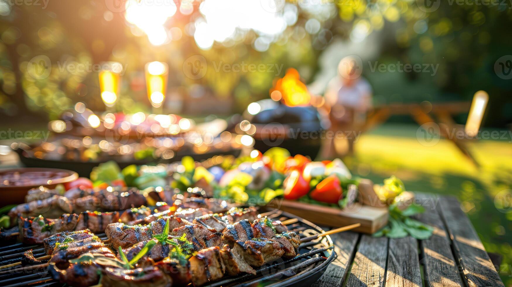 Grilled meat on skewers on a grill in the sun photo