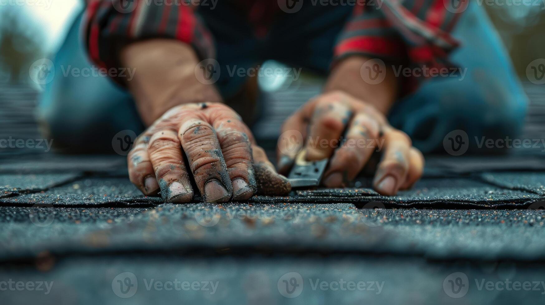 A man is working on a roof with a hammer photo