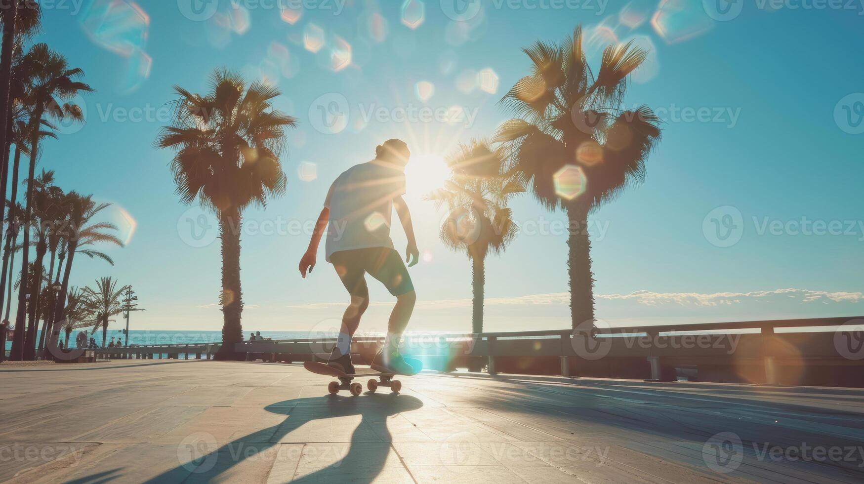 A man riding a skateboard on a boardwalk photo