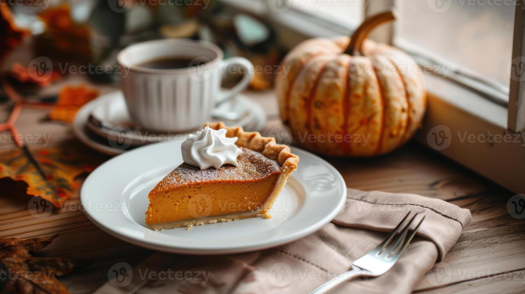 Pumpkin pie with whipped cream on a plate next to a pumpkin and autumn leaves photo