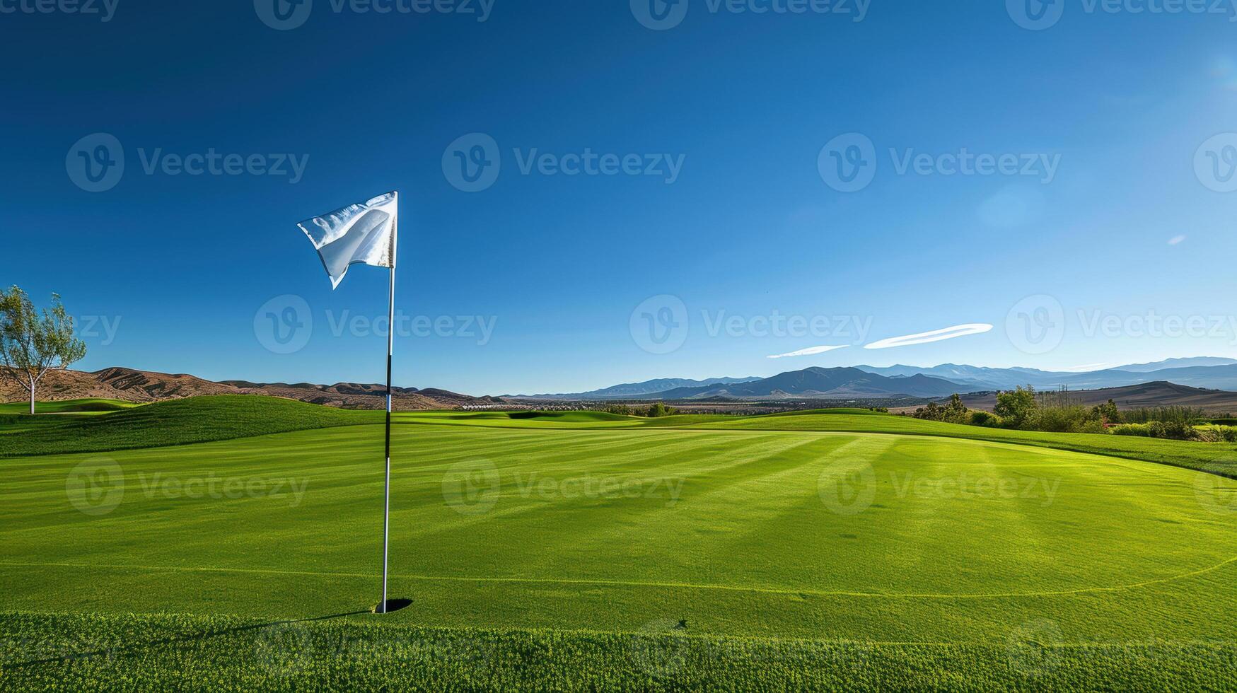 A golf course with a flag on top of it photo