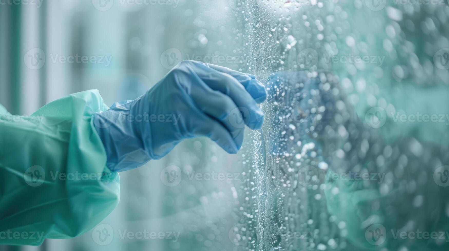 A person in a blue glove is touching a window photo