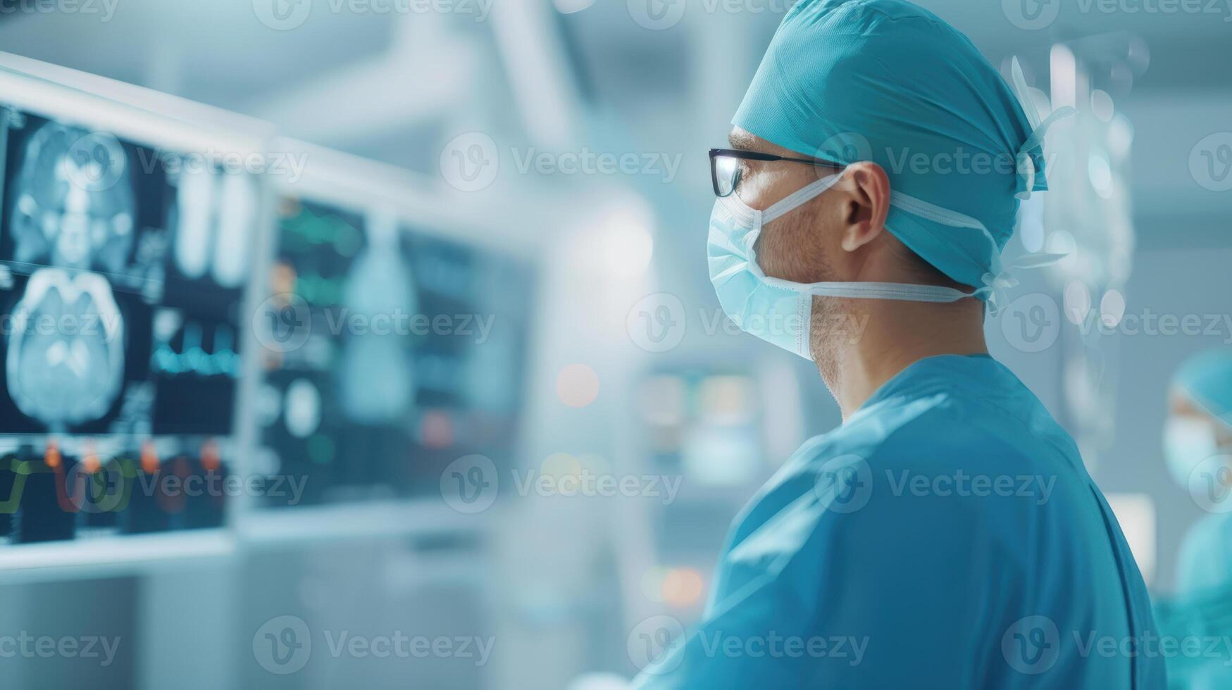 A surgeon in a hospital looking at a computer screen photo