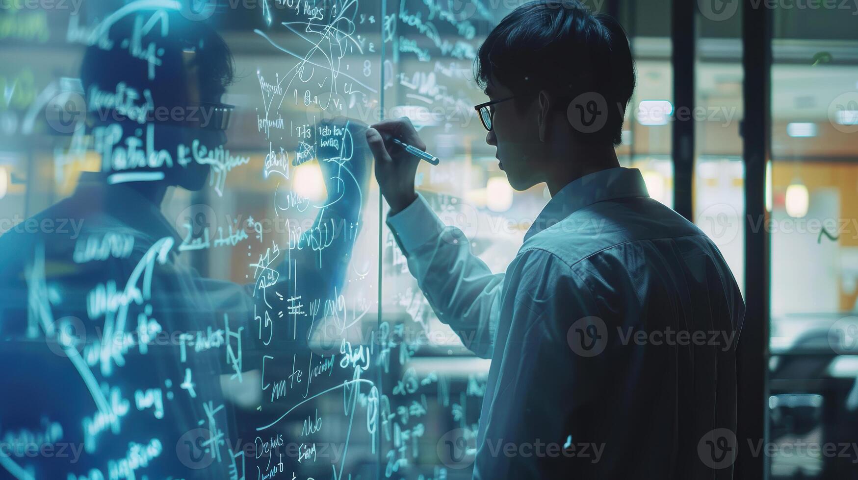 A man writing on a glass wall with a lot of formulas photo