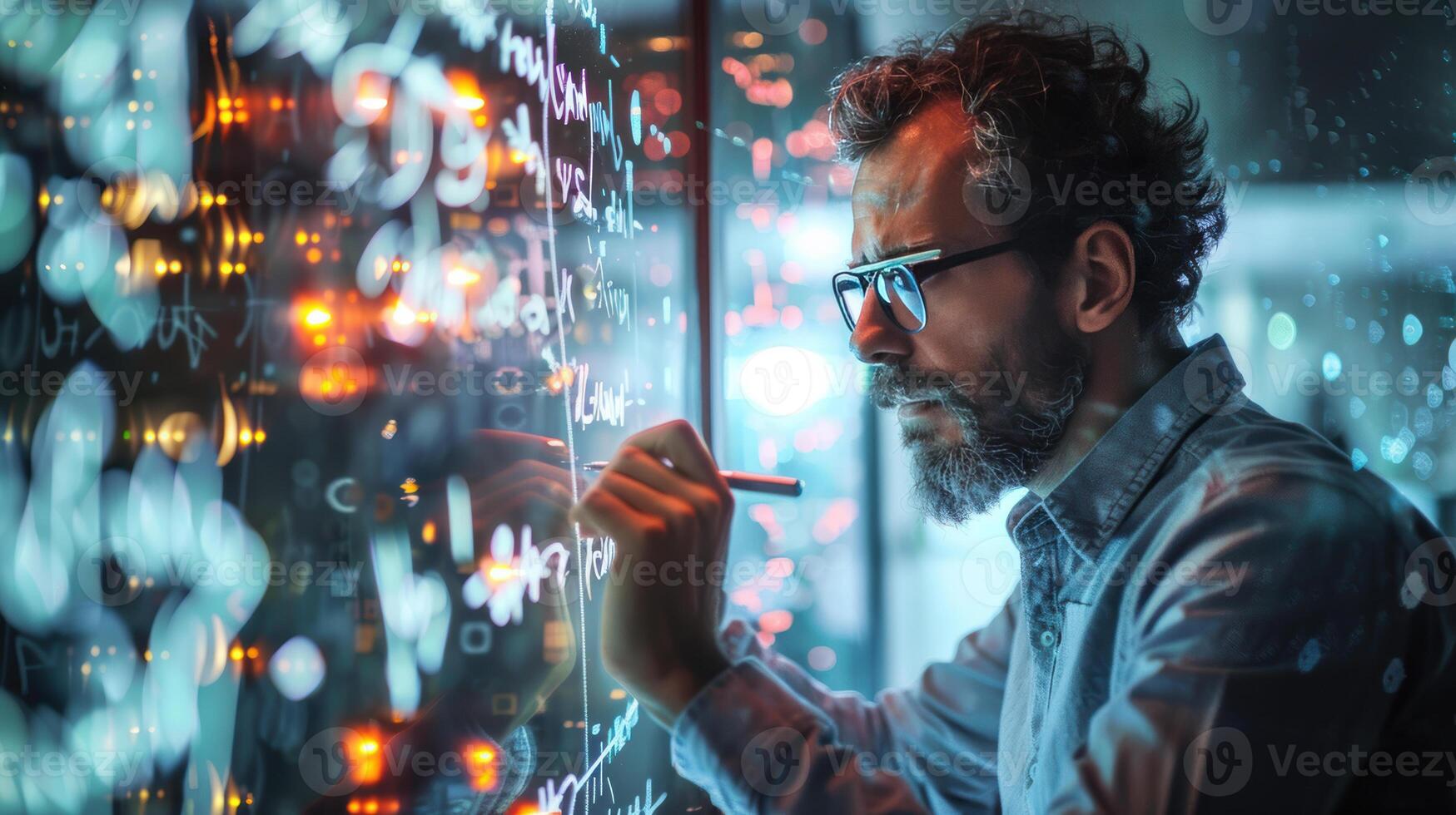 A man in glasses is looking at a computer screen photo