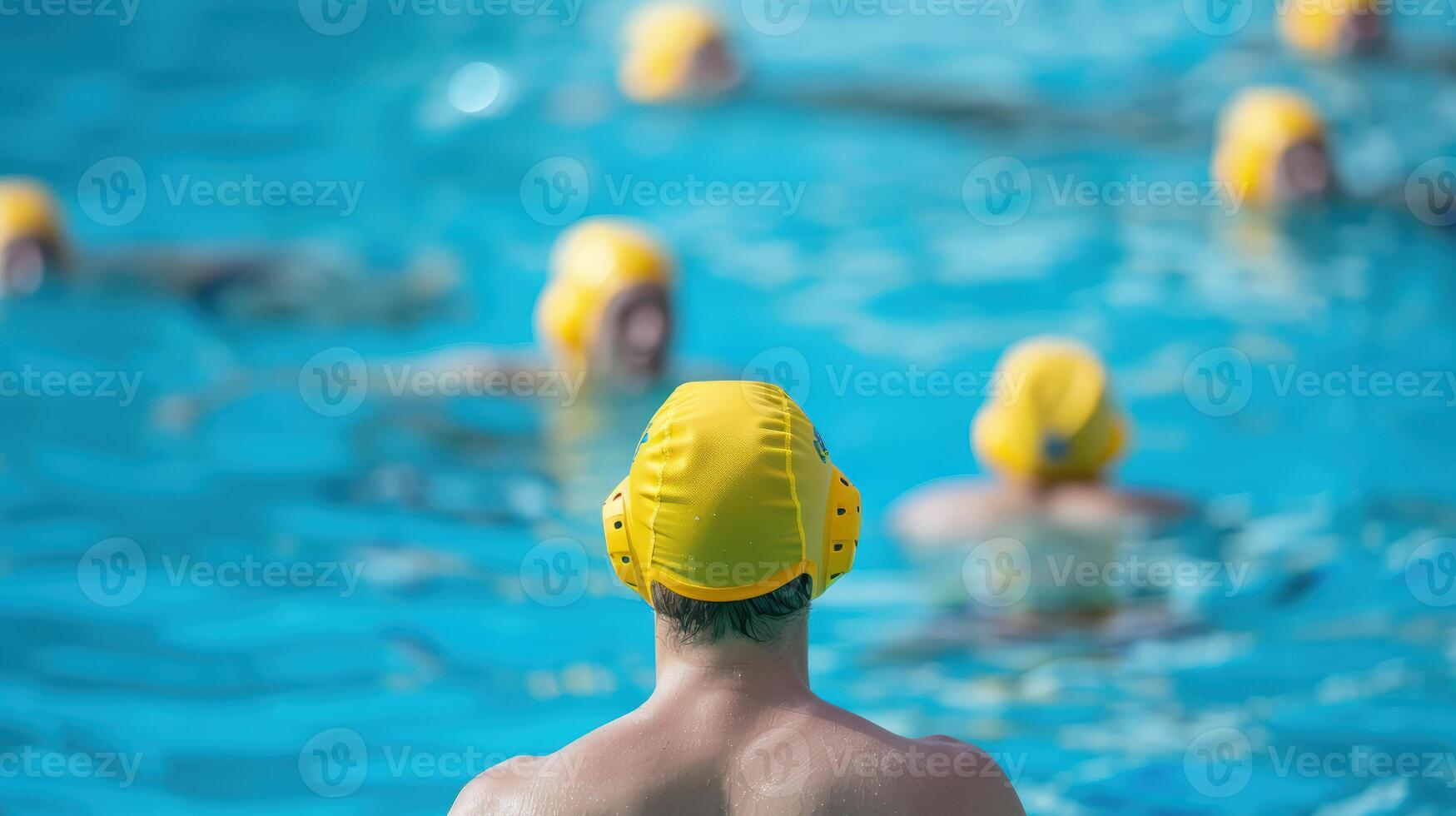 A man in a swimming pool with yellow water polo caps photo