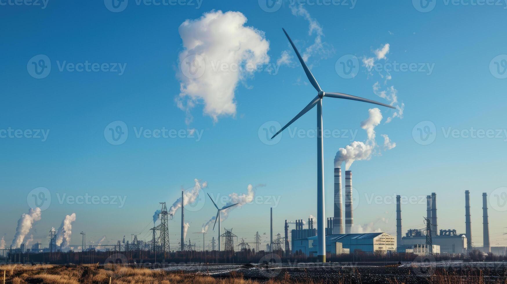 Wind turbines in the background of a factory photo