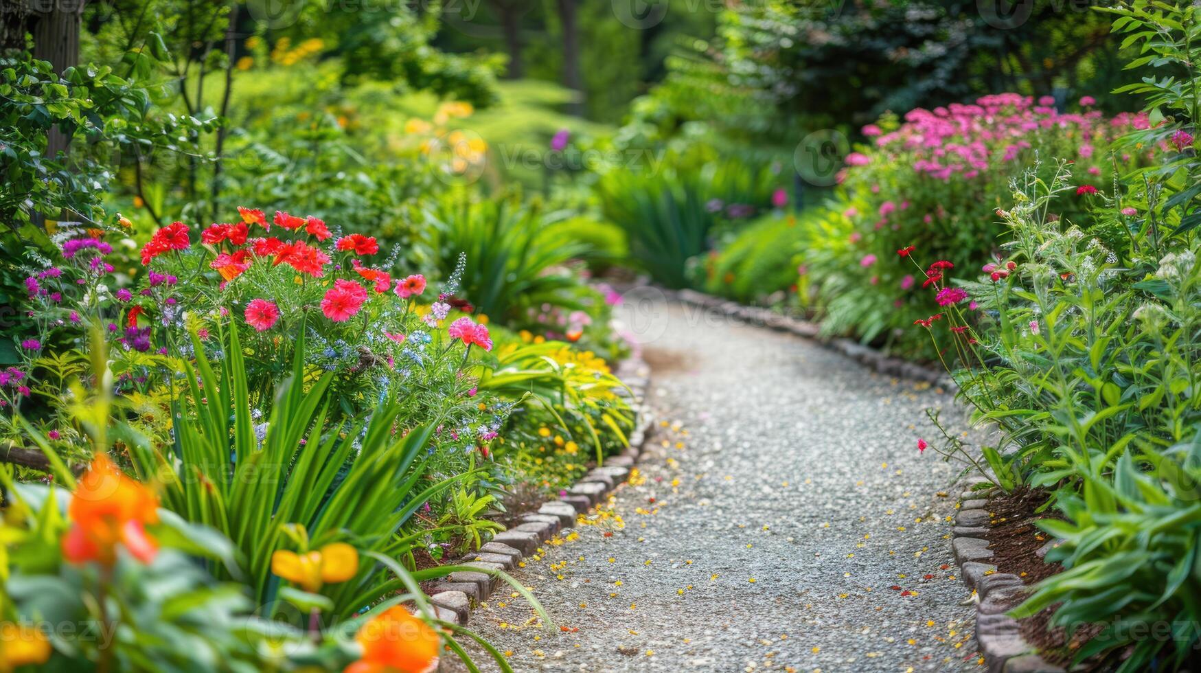 A garden path with colorful flowers and trees photo