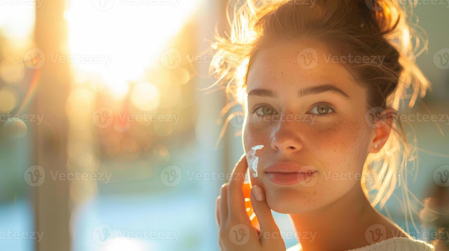 A woman is holding a face cream to her face photo