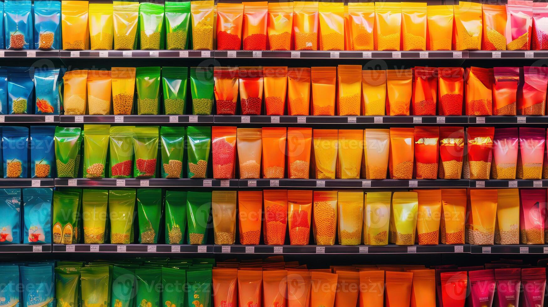 A shelf full of colorful bags of different types of food photo