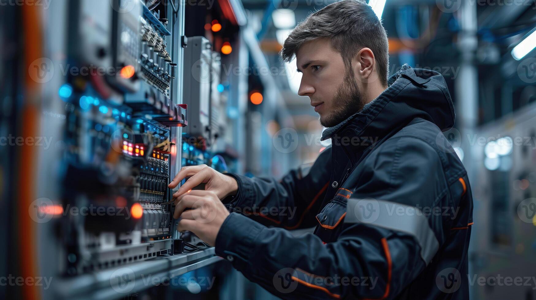 A man in a black jacket working on a computer photo