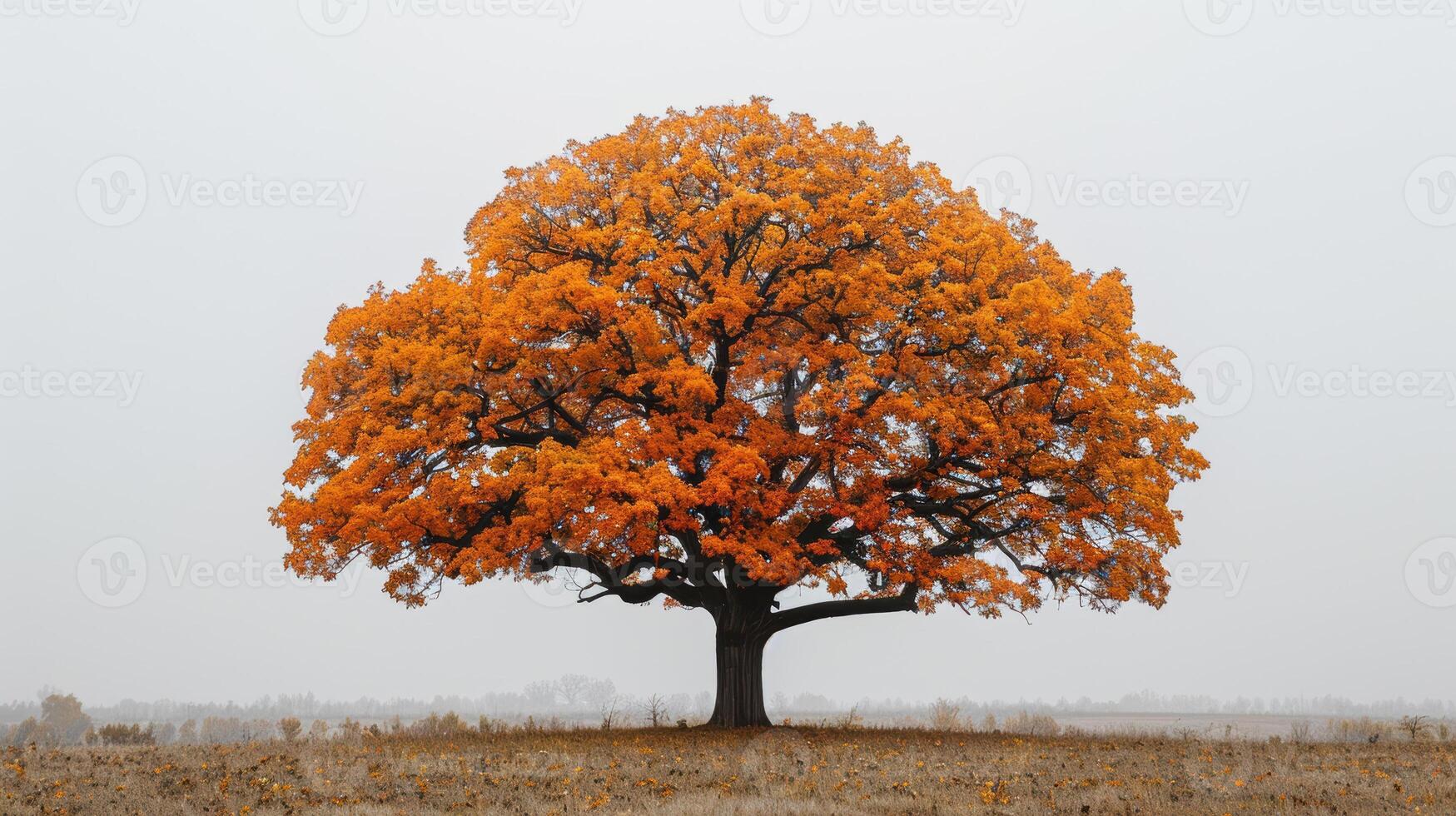 An orange tree in a foggy field photo