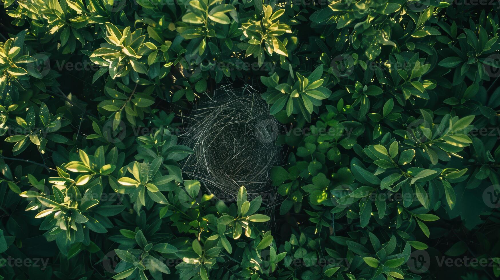 An overhead view of a bird nest in the middle of green plants photo