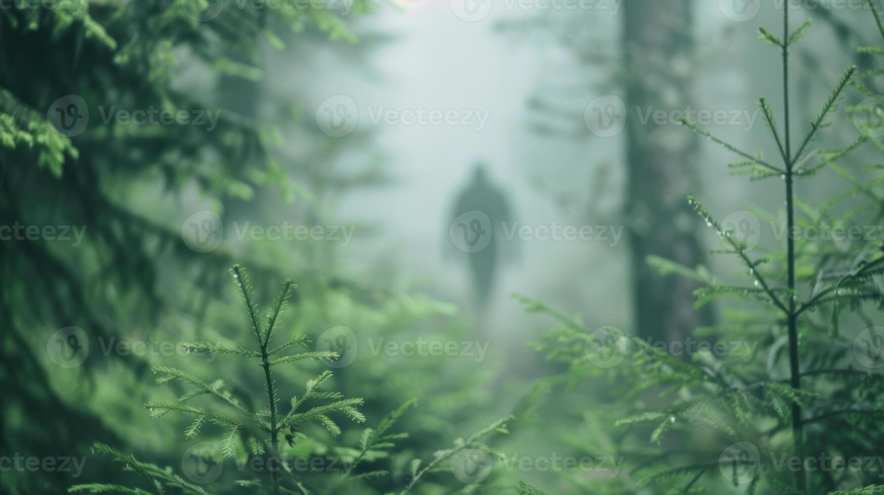 A person walking through a forest with a foggy background photo