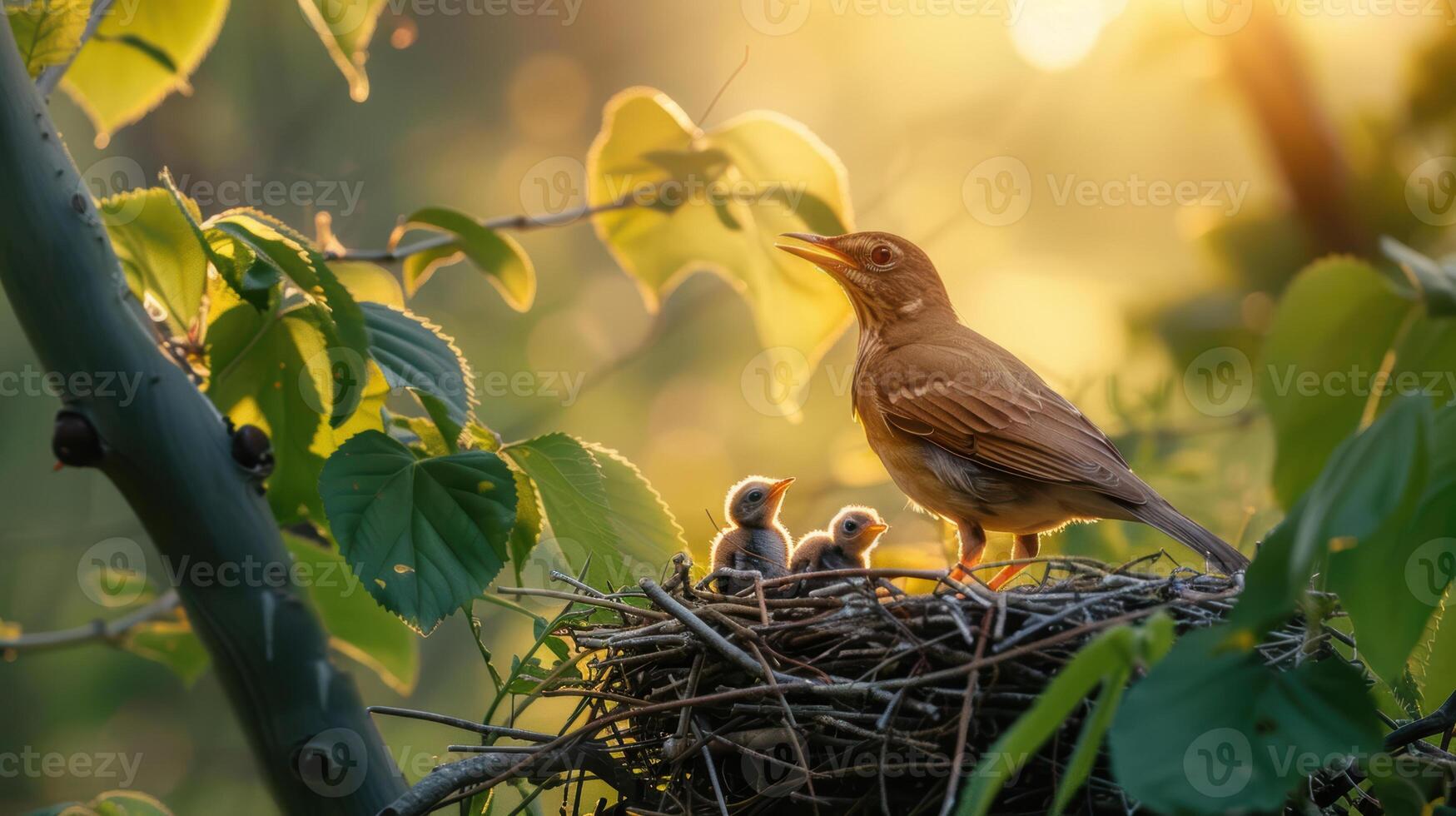 A bird is sitting on top of a nest with two babies photo