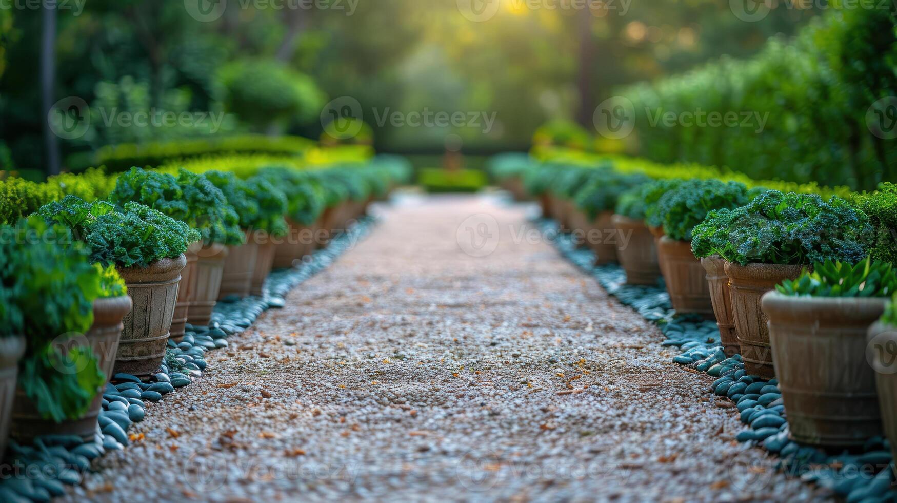A pathway lined with potted plants and gravel photo