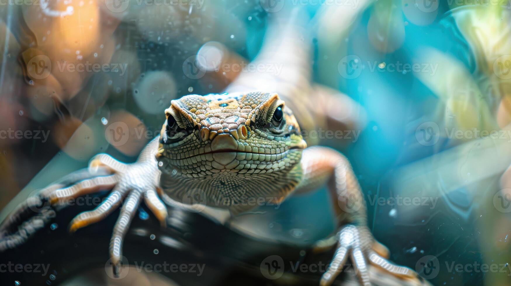 A lizard is sitting on a branch with water droplets on it photo