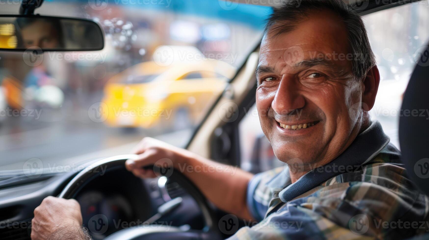 A smiling man driving a car photo