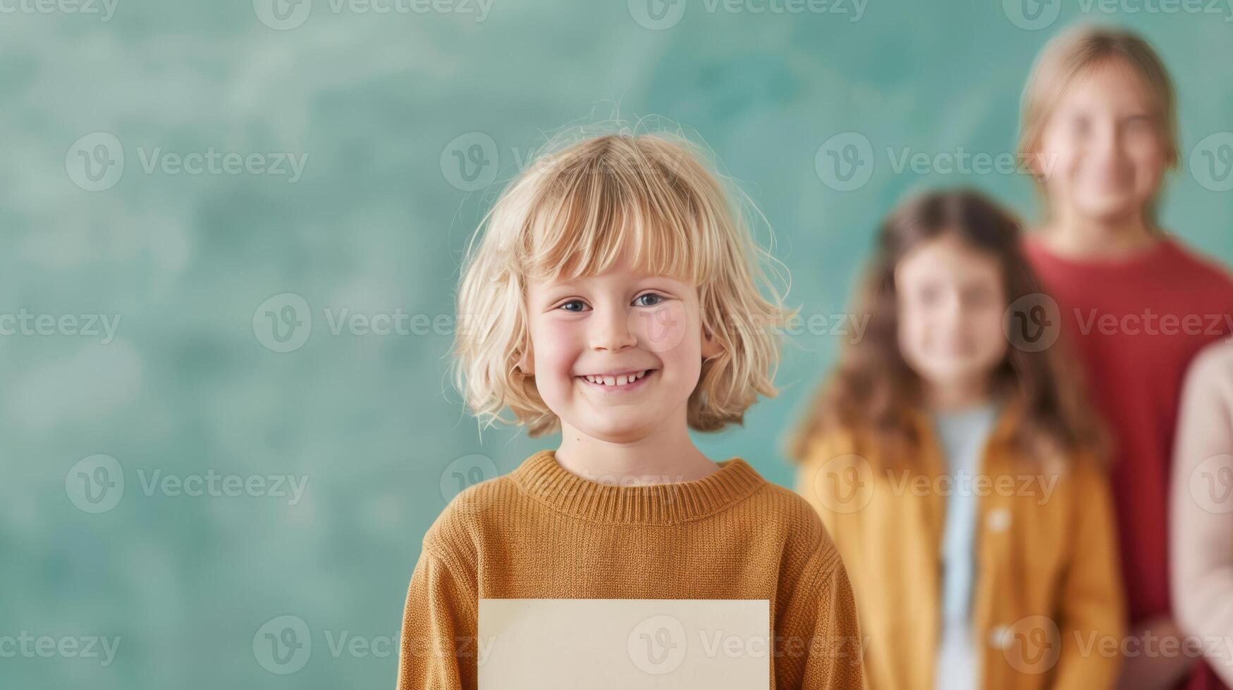 A child holding a piece of paper in front of a group of children photo