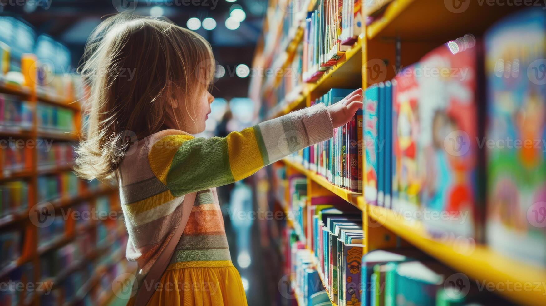 A little girl is looking at books in a library photo