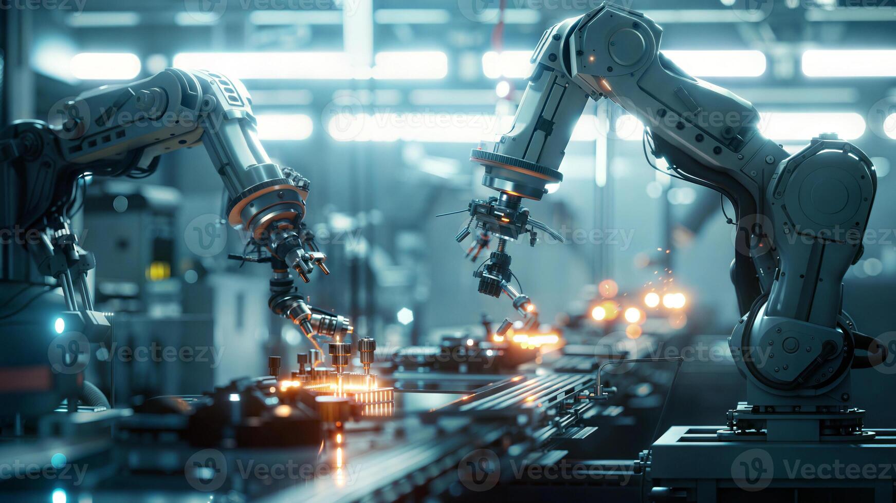 Robots working on a production line in an industrial factory photo
